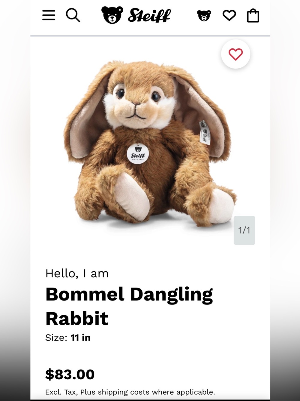 Steiff Bommel Dangling Rabbit Plush - Soft Brown NWOT